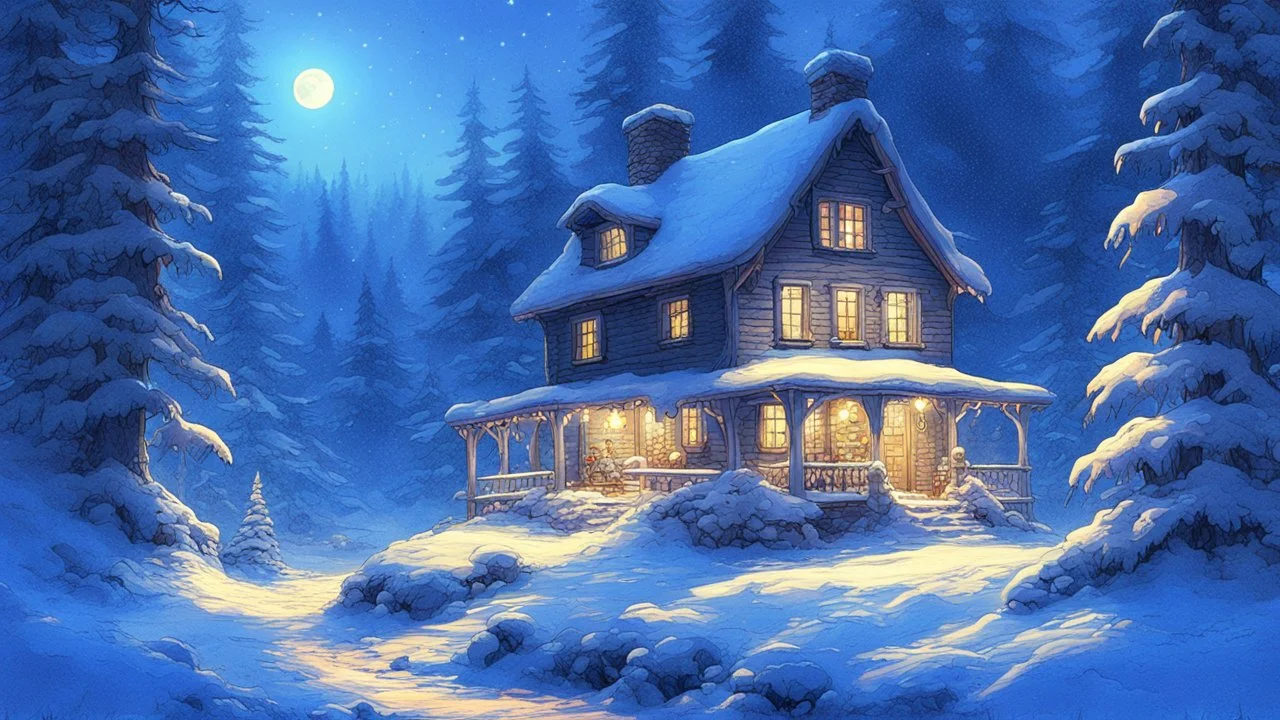 cottage in the woods, warmly lit windows at night, blue cold surroundings, snow-covered trees, starry night, magical atmosphere, contrasting colors, ultra detailed, fantasy, illustration, by Thomas Kinkade and Hayao Miyazaki, deviantart, stunningly beautiful, cinematic, dreamlike