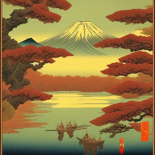 Ukiyo-e Style , mount fuji, sun