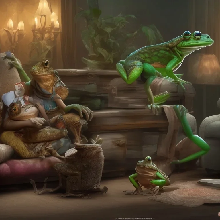 Two frogs sitting on the sofa in the living room and PS4 consoles in their hands,fantasy,4K,8K,16K