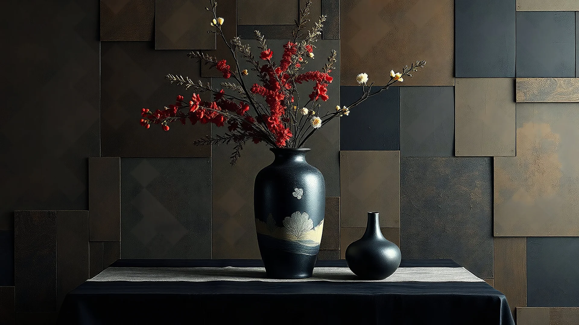 Wabi Sabi abstract patchwork,beautiful vintage ancient vase on table with flora herbal,deep rich black colors,minimalistic,painting,surreal magic fantasy,perfect composition,detailed intricate insanely octane render trending on artstation,8 k artistic photography,concept art,soft natural volumetric cinematic perfect light,chiaroscuro,award-winning photograph,masterpiece,oil on canvas,raphael,greg rutkowski,beeple,beksinski,deep rich colors,magic lighting,gold accents