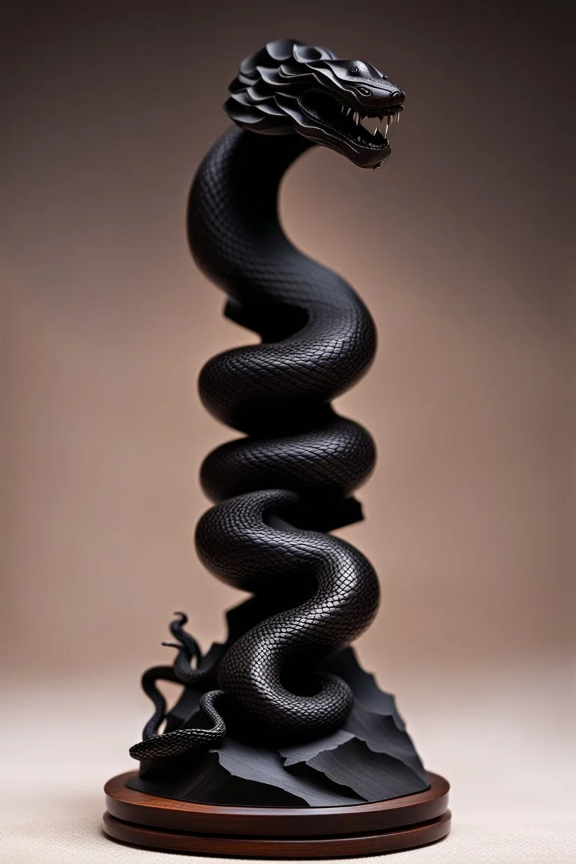 an ominous small statuette made of ebony in the form of a mountain with the snake slithering around the mountain