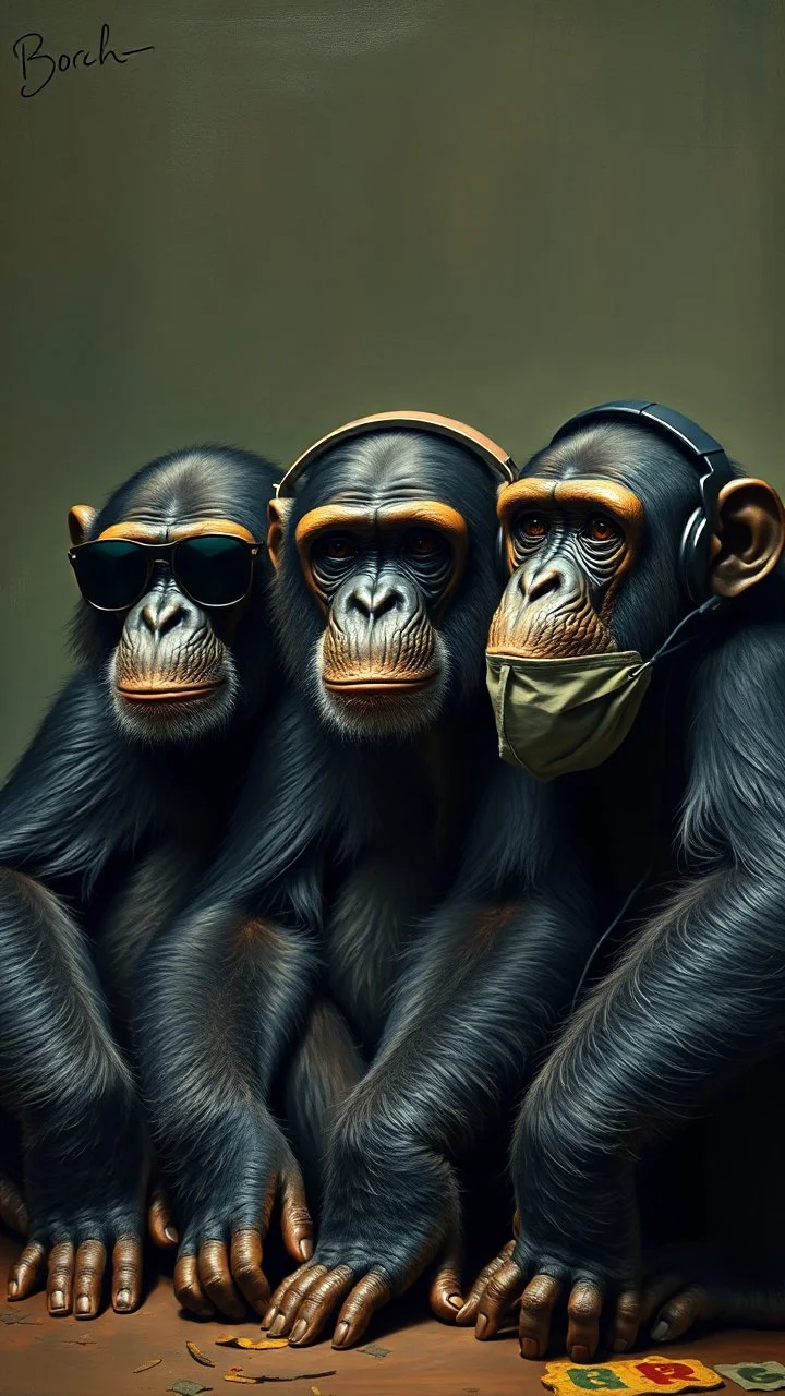 Bosch painting style nightmare, three chimpanzees are sitting side by side , one with sunglasses, another with headphones, and another with mouth mask.