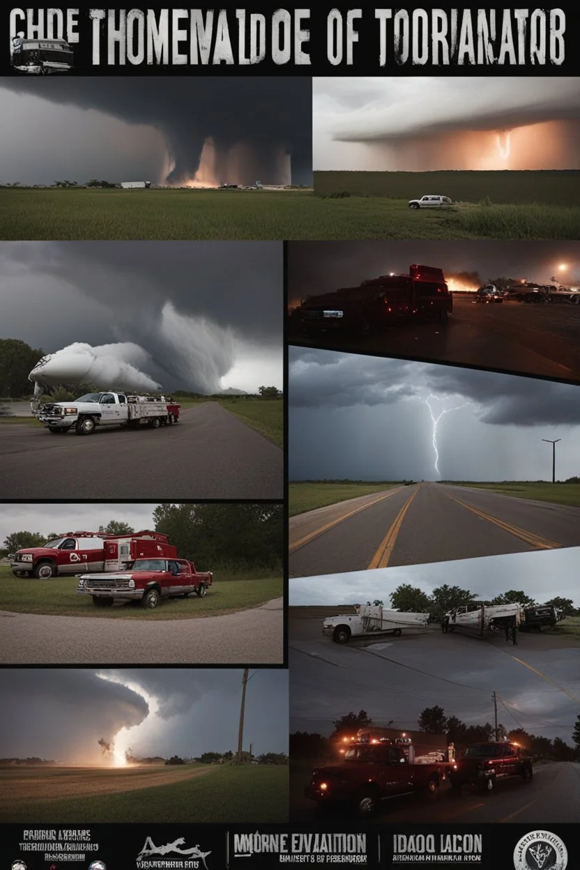 **Cinematic Art:** A documentary-style movie that follows a group of storm chasers and emergency responders in the infamous Tornado Alley, highlighting the importance of preparedness and community in times of crisis. **Appearance:** Art ideas that encapsulate the essence of emergency evacuation, aid supply, and safety training in the context of hurricanes, typhoons, tornadoes, and cyclones. These ideas aim to promote vigilance regarding the preservation and protection of rights for the global pu