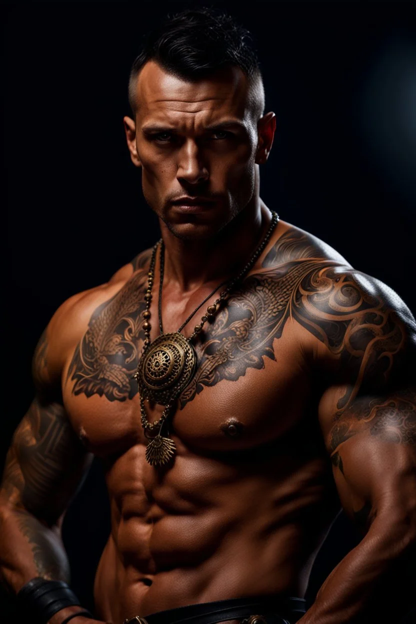 portrait of a 35 year old Handsome muscular mercenary with light bronze skin adorned with tattoos. dark fantasy. photorealistic