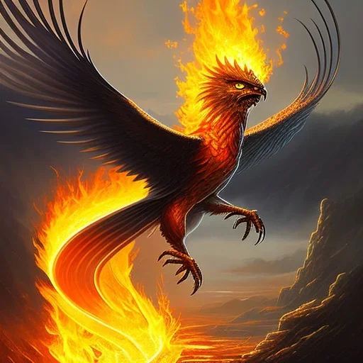 a phoenix whose one wing is made of water and one wing made of fire, phoenix bird, realistic, intricately detailed