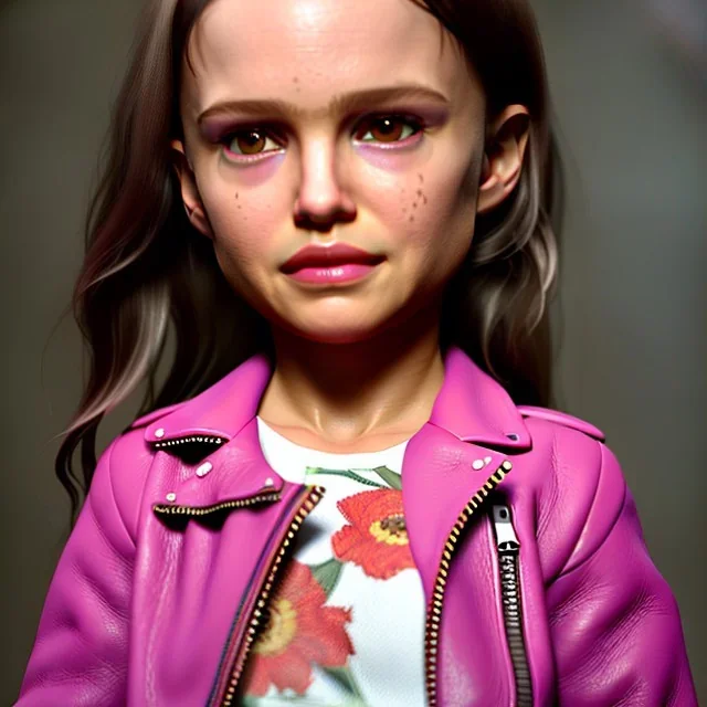 Natalie portman toddler, full body, leather jacket, floral shirt, floral skirt, shoe, soft skin, dramatic lighting, hyper realistic