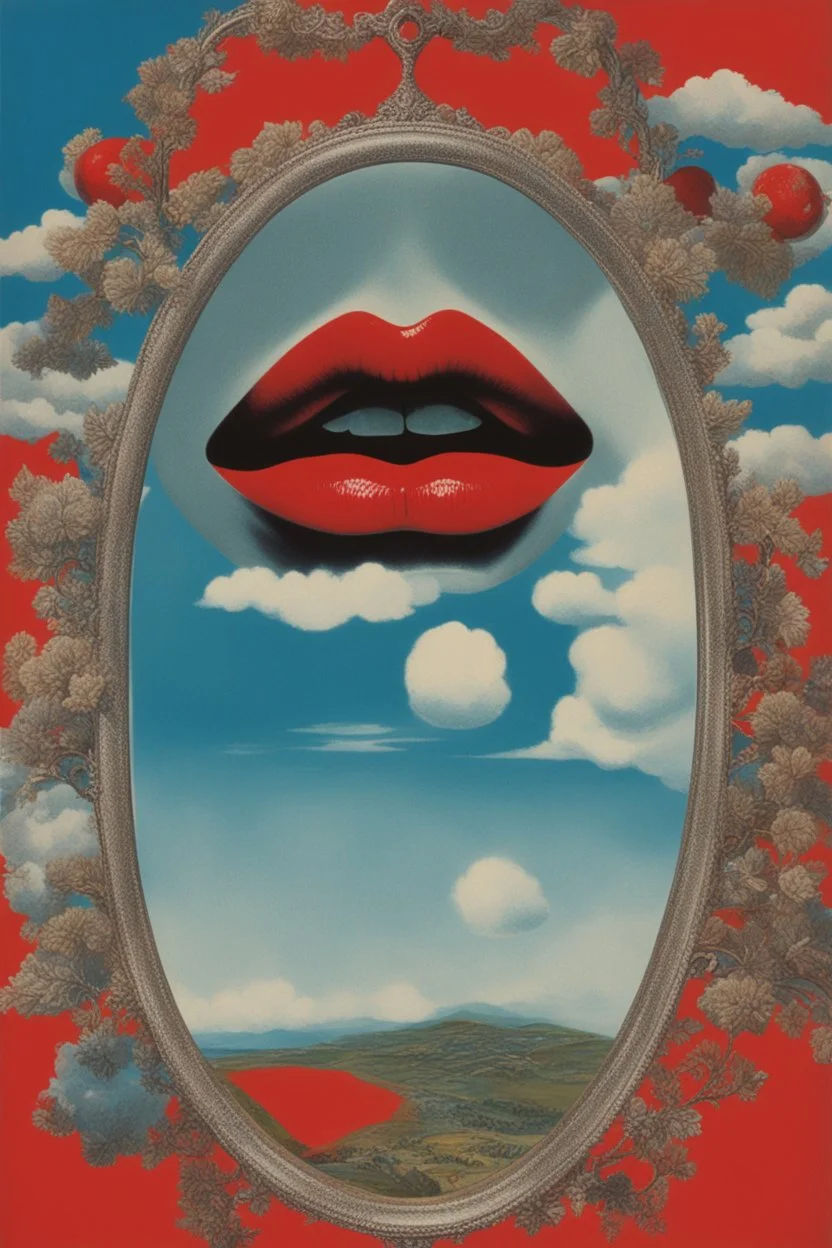 psycho art,cloud in blue sky, a red lip, collage art, shuji terayama, dreamy objects, surreal, criterion collection, showa era, intricate details, mirror