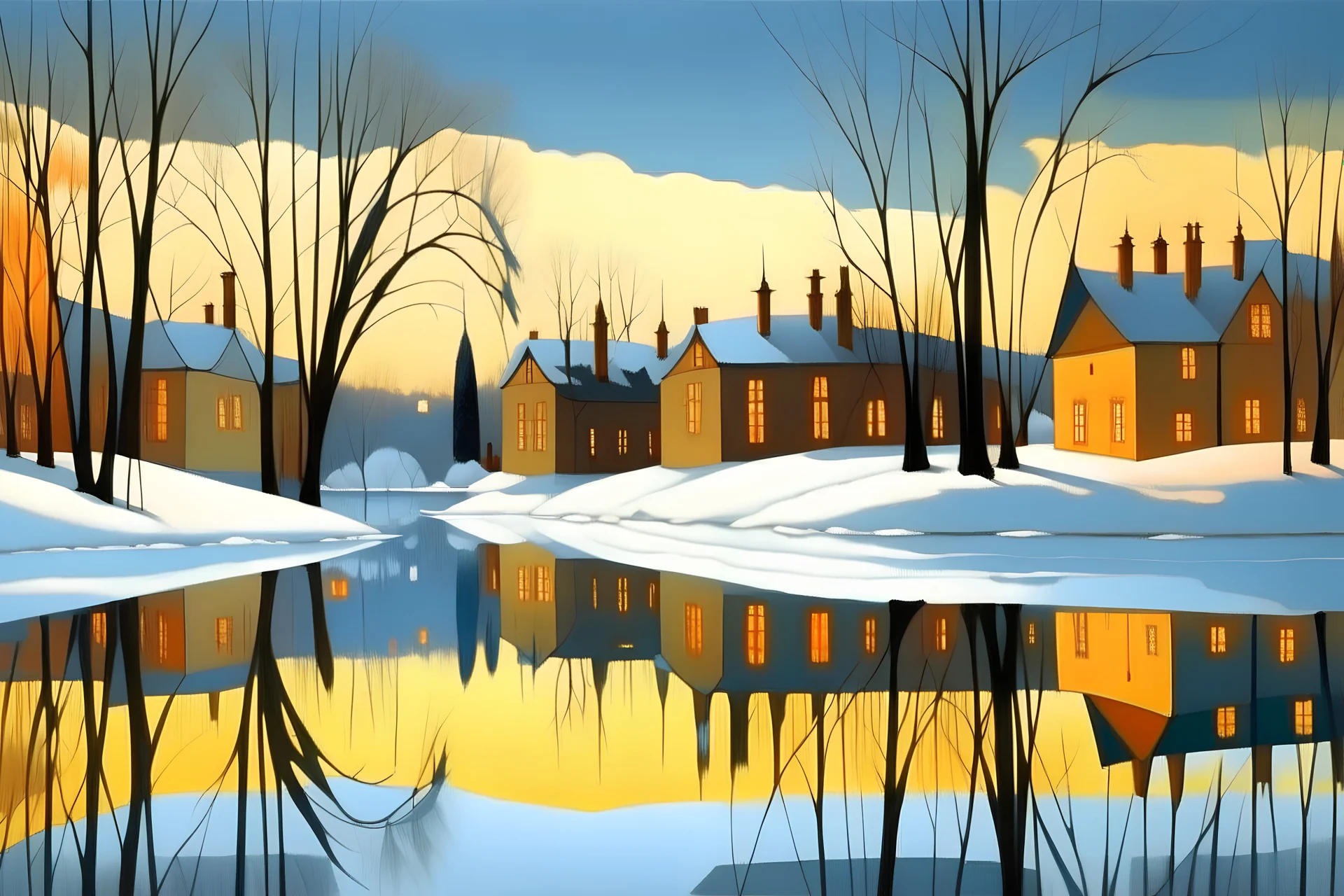 Landscape , winter, lit village, lake, snow, bright, cottonwood trees, old buildings, reflections, w , high detail,4k, in style of Lawren Harris