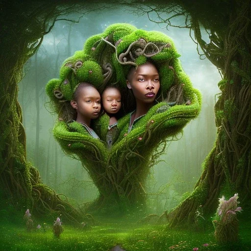 Painting .three women. A mother. Two daughter. Twins. A mother with her children. three young black women. wood nymphs emerging from the forest. Her hair looks like vines. Dreadlocs. Her skin is the colour of dark soil. Her skin looks like tree bark. Her clothing is made of vines, grass and leaves.