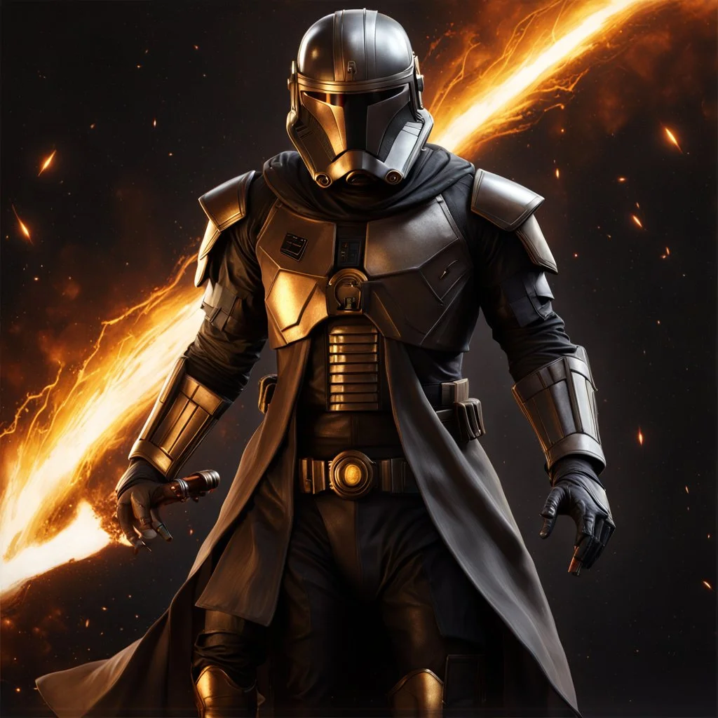 star wars bald male corellian pilot wearing pearlescent black and gunmetal grey First Order special forces heavy assault armor and helmet with gold trim inside the jedi temple, centered portrait, hyperdetailed, dynamic lighting, hyperdetailed background, 8k resolution, volumetric lighting, light skin, fully symmetric details