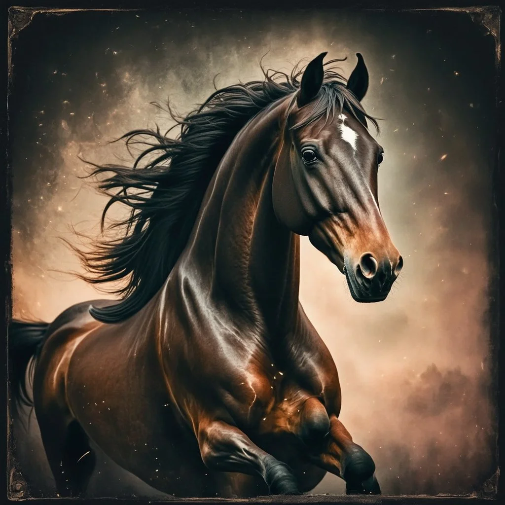 PROMPT: Young stallion in motion, captured in a modern vintage photography style. The image blends necronomic-inspired illustrations with a tabletop photography approach, reminiscent of the 1890s. Hyper-realistic animal portraiture is combined with a ghostly aura and subtle, buzzing details.