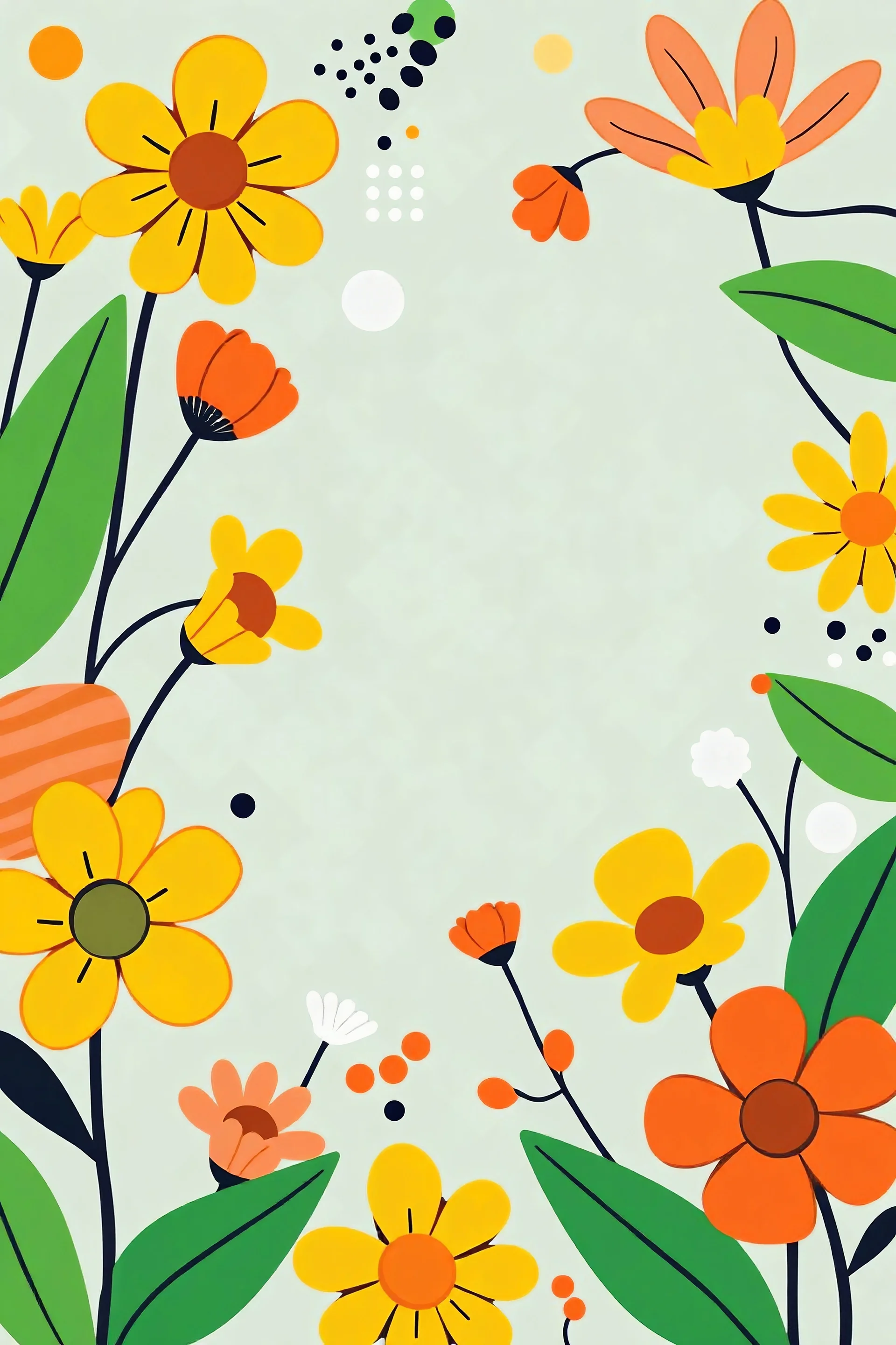 A vibrant floral border inspired by the Golf brand, mixing bold, stylized flowers with graphic elements like stripes and dots. The flowers are brightly colored in yellows, oranges, and greens, with thick, playful outlines and abstract shapes framing the blank center for text.