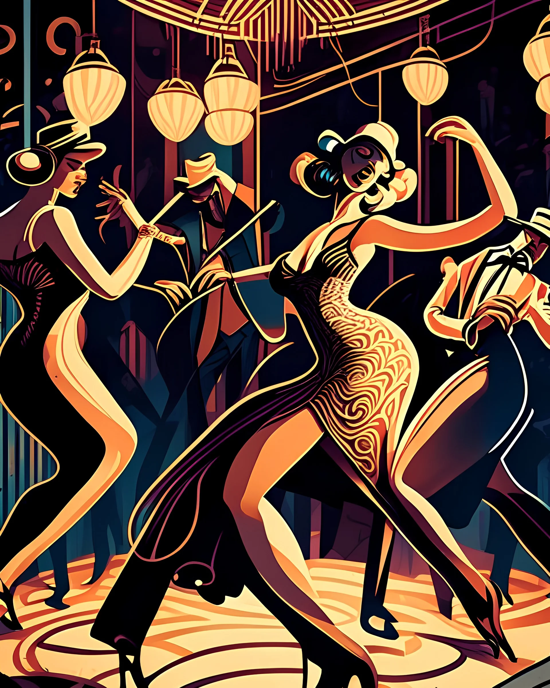 A roaring 1920s jazz club with lively dancers and musicians, in the style of Art Deco, rich colors, intricate patterns, dynamic movement, atmospheric lighting, high resolution