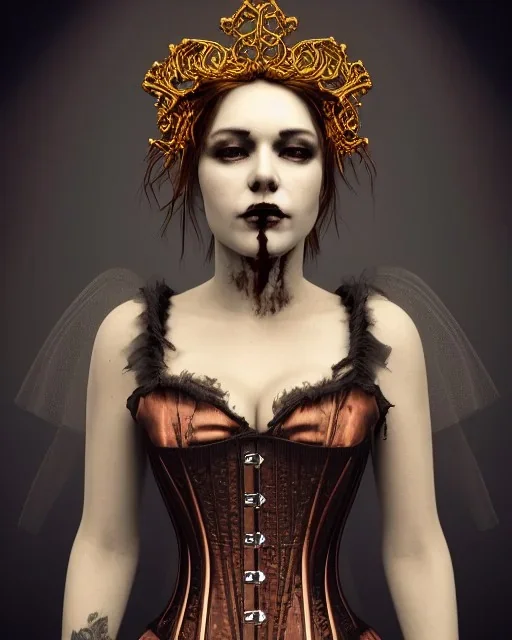 upper bust portrait, Bloody Mary, corset, intricate metal work thorn crown, glowing halo, 8k resolution concept art, dynamic lighting, intricately detailed, hyperdetailed, beautiful, ethereal, elegant, golden hour, gothic