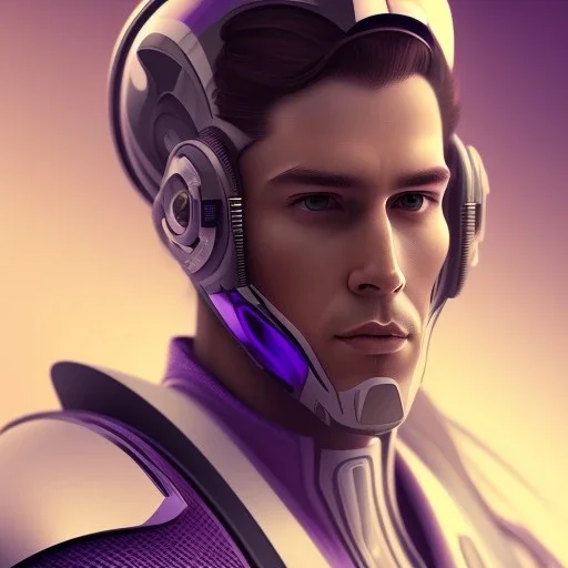 Handsome guy face, Sci-fi character, purple backlight, pink and purple, scifi suit, profile, purple background