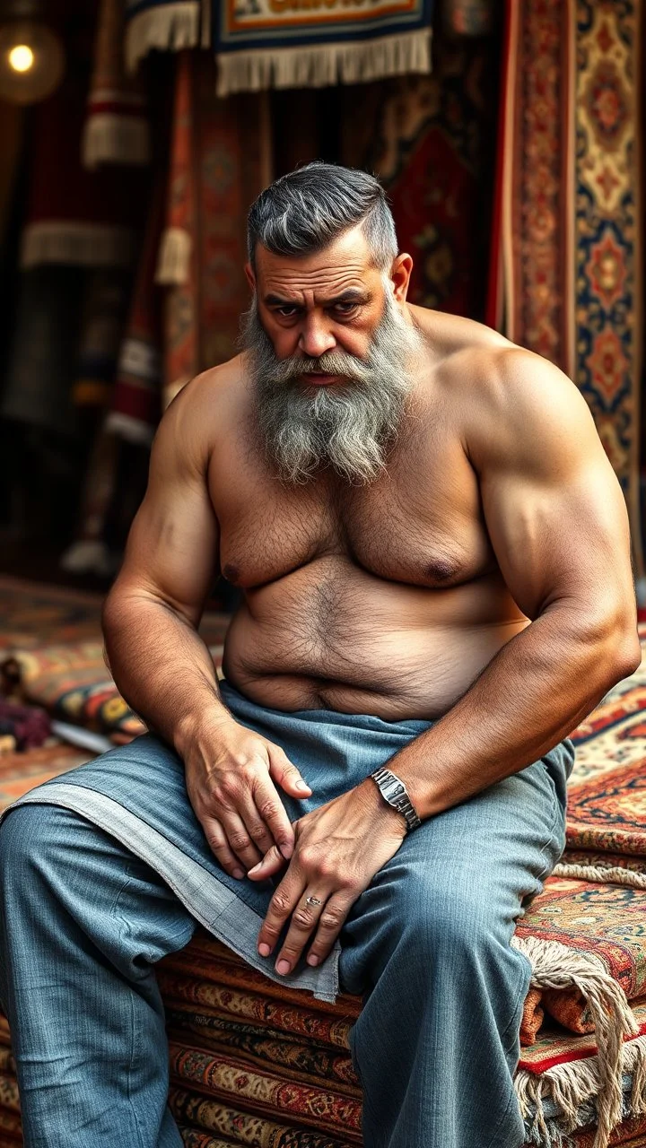 close up photography of a burly beefy strong 40-year-old Turk in Istanbul bazaar, shirtless, selling carpets sitting on a pile of carpets, biig shoulders, manly chest, very hairy, side light,