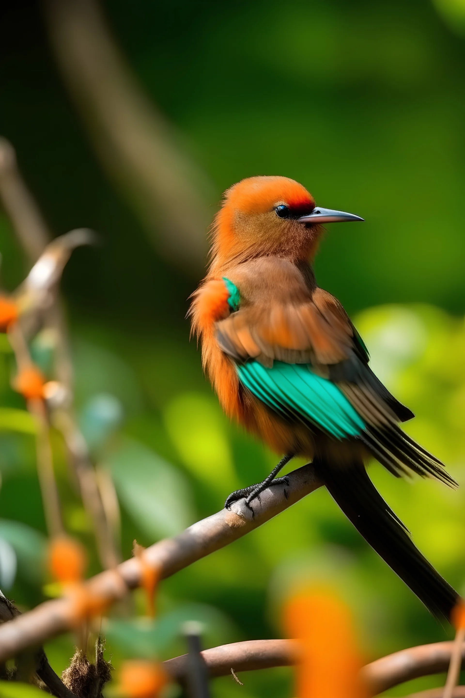 pájaro sentado de espalda sobre un pincel en primerísimo primer plano