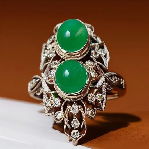 diamond and jade ring, art noveau, filigree, floral, breathtaking, highly ornate, delicate, intricate, photorealistic, high fashion, fine jewellery, luxury, designer