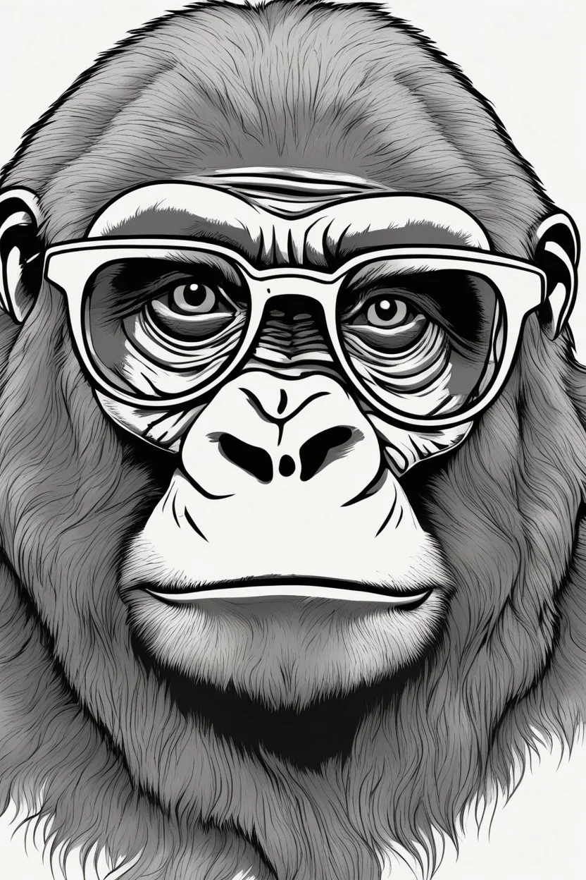 Outline art for cute coloring pages with gorilla with glasses, full body, white background, sketch style, only use outline, clean line art, no shadows and clear and well outlined.