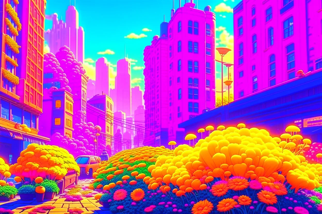 sunny day, flowers, epic, sci-fi, retrowave city