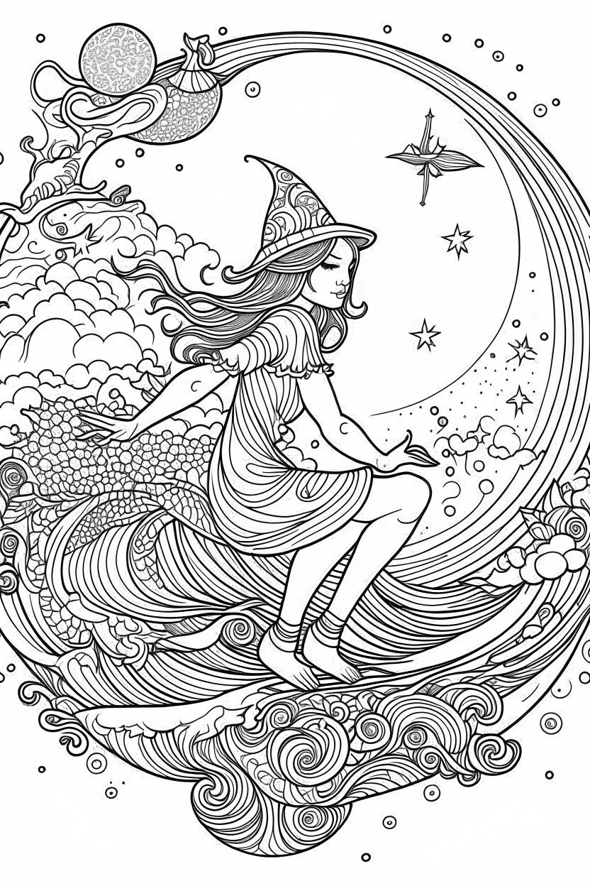 A witch flying on her broomstick across a starry night sky. . Outline, sketch style, only use outline, mandala style, clean line art, white background, no shadows, no clear wall, coloring page.