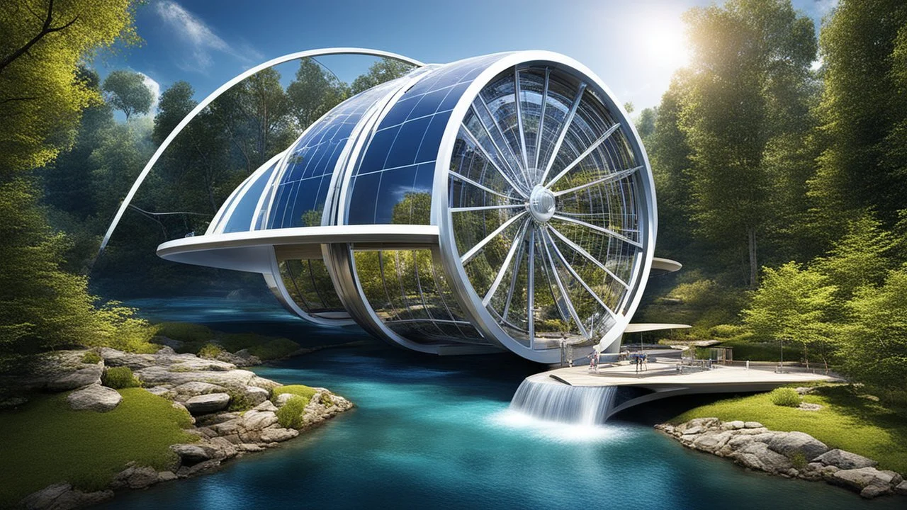 6003. Innovative environmentally-friendly home in a parallel universe, solar panels, water wheel in river, alternative energy, scientific experiment, home of the future, fantasy, robotic, magic, automated, spectacular, futuristic, beautiful lighting, attractive composition, photorealistic, extremely detailed, chiaroscuro