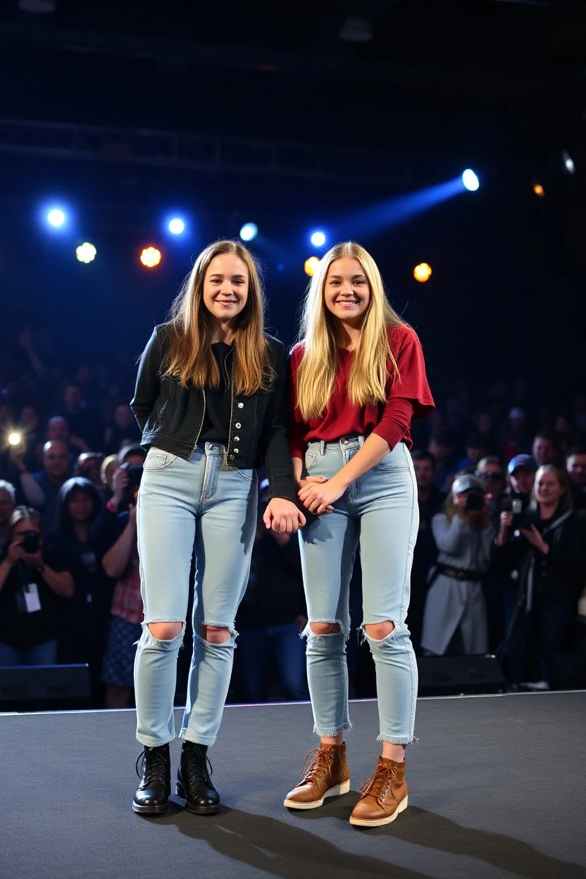 Norwegian Identical teenage twins celebrites, same sex gender standing on a stage with holding their hands, lot of photographers, flashing lights, identical twins with same sex gender