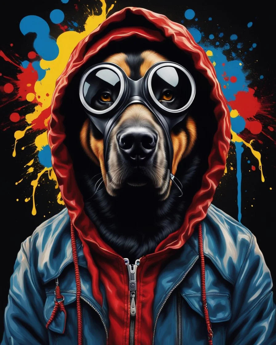 Vibrant and dynamic masterpiece with fluid patterns forming a killer dog wearing a hood and a gas mask, its eyes are intense. Bright colors of red, blue and a touch of yellow, creating a fascinating effect. The black background creates a strong contrast, making the colors stand out even more., Banksy style, concept art, dark fantasy, vibrant, painting, portrait photography