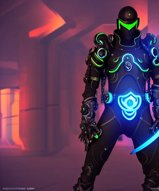 cyber ninja, black metal armor, futuristic suit, imperious, 8k resolution, overwatch, genji, color, vibrant