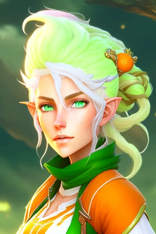 fantasy setting, woman ranger traveler with orange and white hair, pastel green eyes, kind, soft facial traits