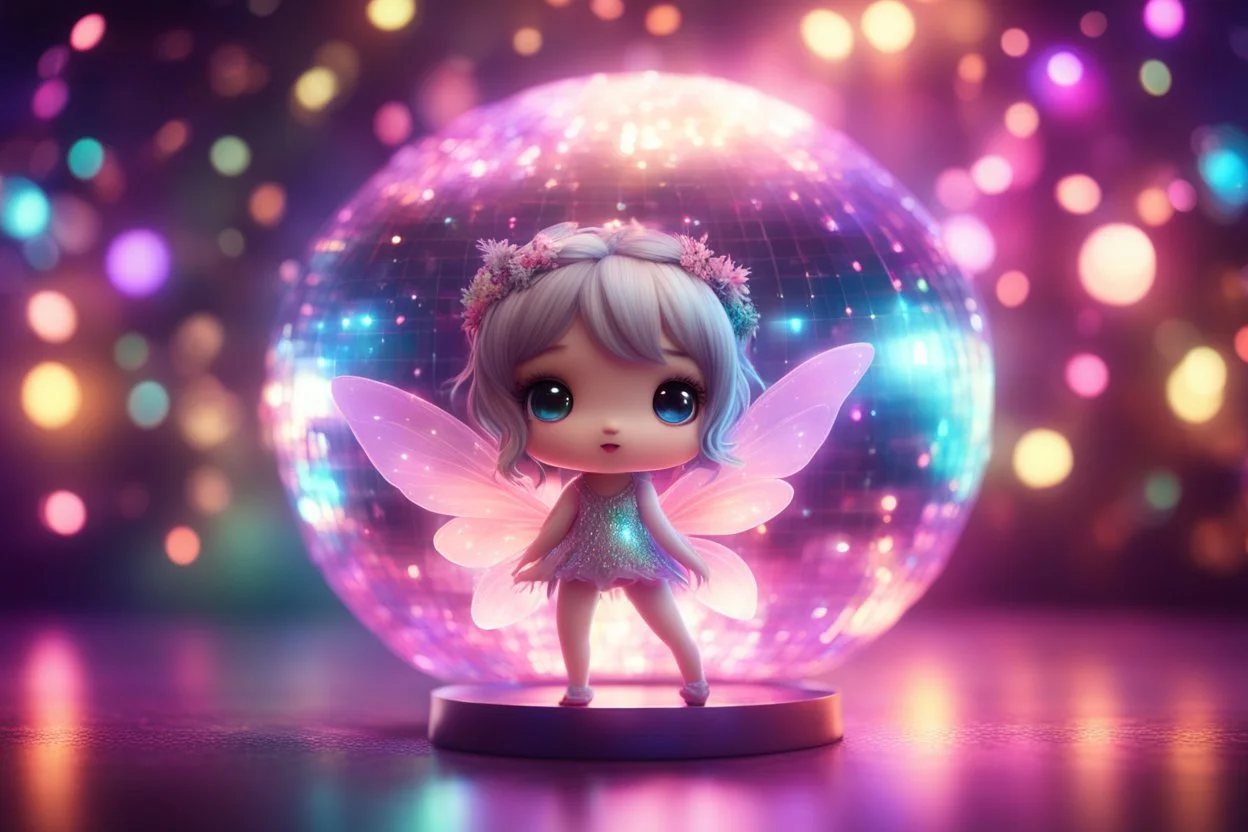 cute chibi fairy in a disco, mirror ball, in disco lights, ethereal, cinematic postprocessing, dof, bokeh Weight:1 detailed matte painting Weight:0.9