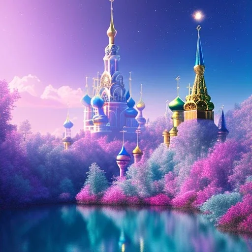 one small Russian crystal subtle castle blue and pink in a galactic ambiance , blue lake, delicate colors, bin the foreground, full of details, smooth，soft light atmosphere, light effect，vaporwave colorful, concept art, smooth, extremely sharp, masterpiece, best quality, blue skinned, sparkling,8k, , sun light, 8K, RAW, depth of field,high contrast,