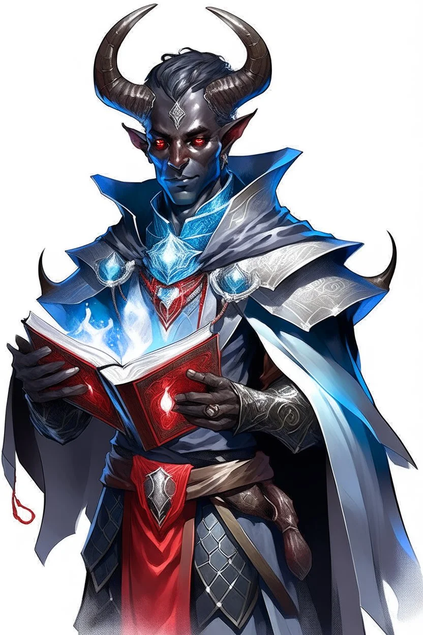 En Young male black skin tiefling fra dnd holding a book with Arcane Magic in a silver and White Rope and a silver cloak. His horn a perfectly place on acet from the front to the back pointing upwards with glowing Red cat Eyes glowing Blue Arcane Magic around them ice crystals flowing around him. His close is elegant get simple. Holding an ice Crystal in his Right Hand