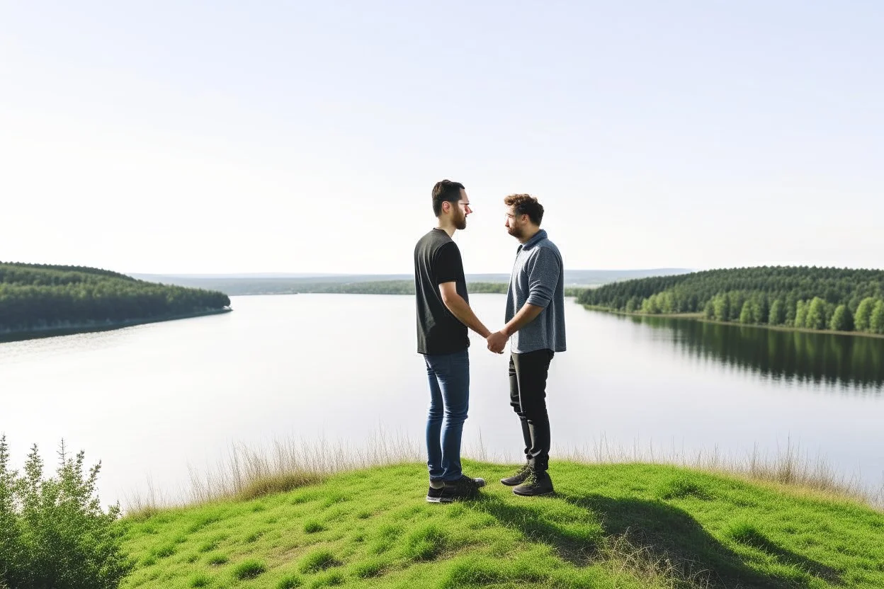 An image of two people exchanging criticism in a constructive and respectful manner, standing on a hill with a lake behind them