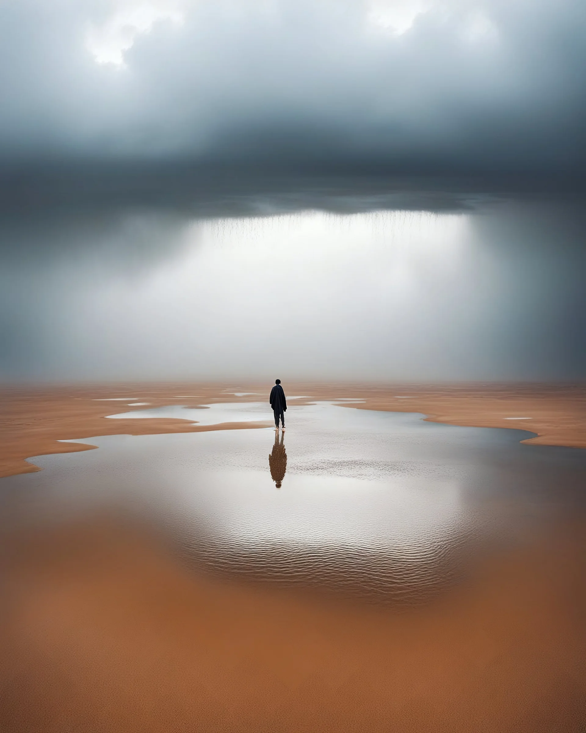 ultraralistic photography of people are sinking in flooded in storm oasis in the desert clouds and rain and fog