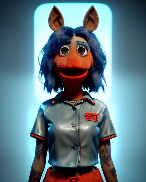 Waist up portrait, hybrid character, waitress British woman with classic muppet mask that covers her entire head and face, Sesame Street style, latex dress, short shirt, old school tattoo, hot, smooth, unreal engine 5, god lights, ray tracing, neon, RTX, lumen lighting, ultra detail, volumetric lighting, 3d.