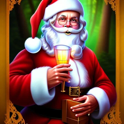 romantic fantasy spray painting, magical forest background, portrait of santa