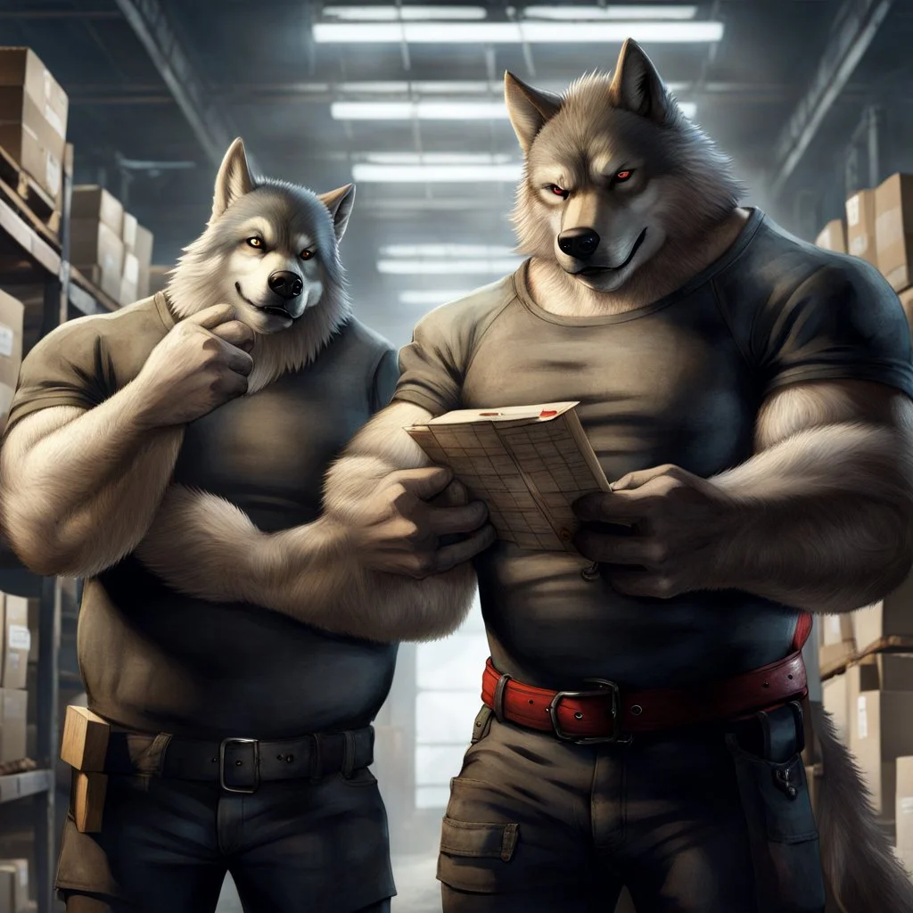 a chubby anthropomorphic wolf-man wearing t-shirt pants and red belt around his waist looking at several item lists in his paws in a large warehouse, around some boxes and wooden crate, an another anthropomorphic wolf-man just half visible in the doorway as he looks at him, detailed, realistic, sci-fi, anthro mood, fantasy