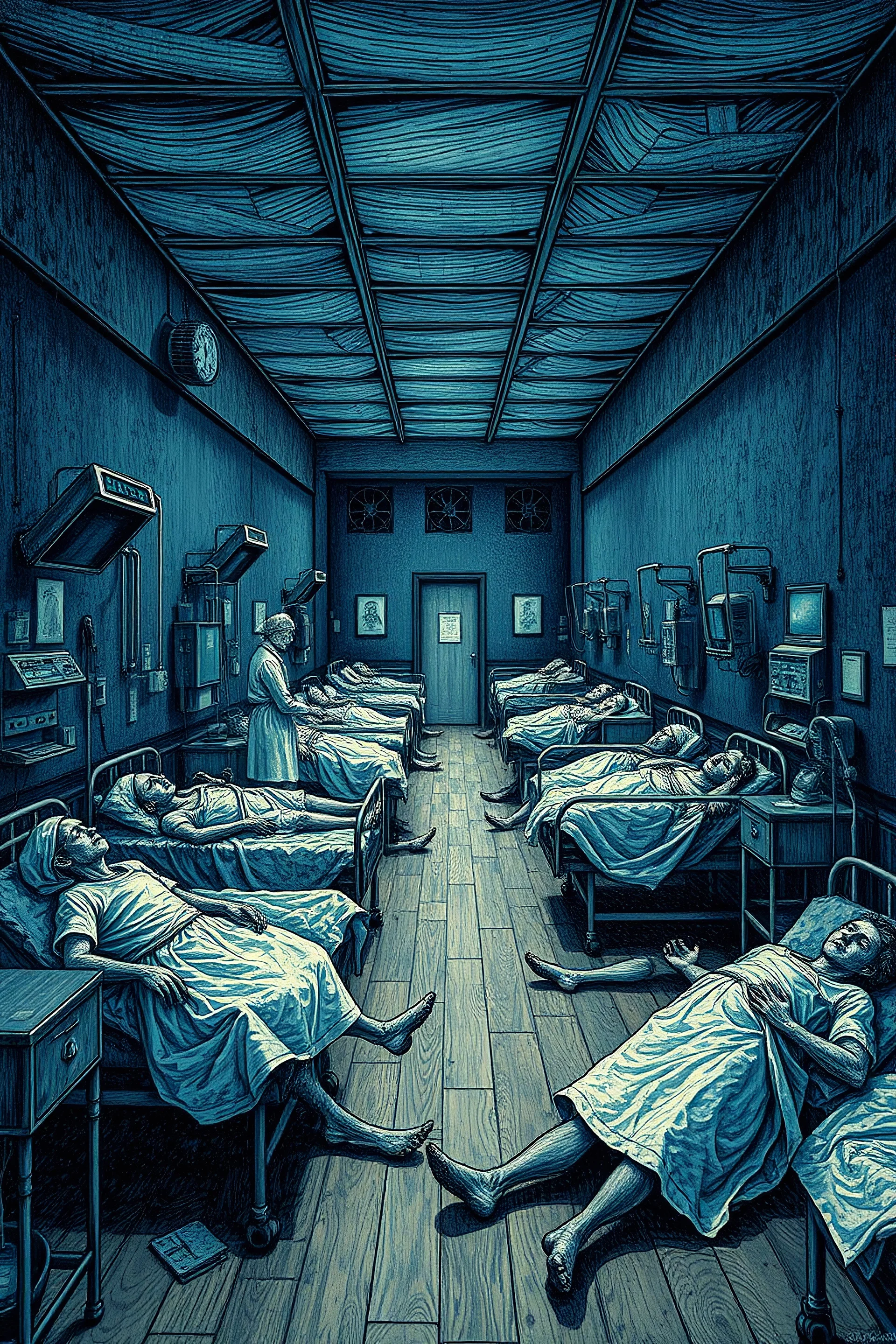 Hospital beds room with dead nurses and doctors are dead laying on the floor patients laying in there beds at the End of Time; Pointillism; in the style of Vincent Van Gogh