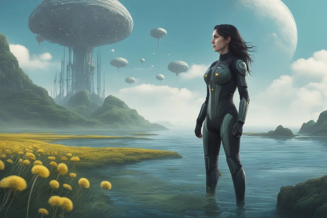 young woman in an android suit with dark hair, standing on the shore of an alien sea. Floating forests with dandelion tops in the distance