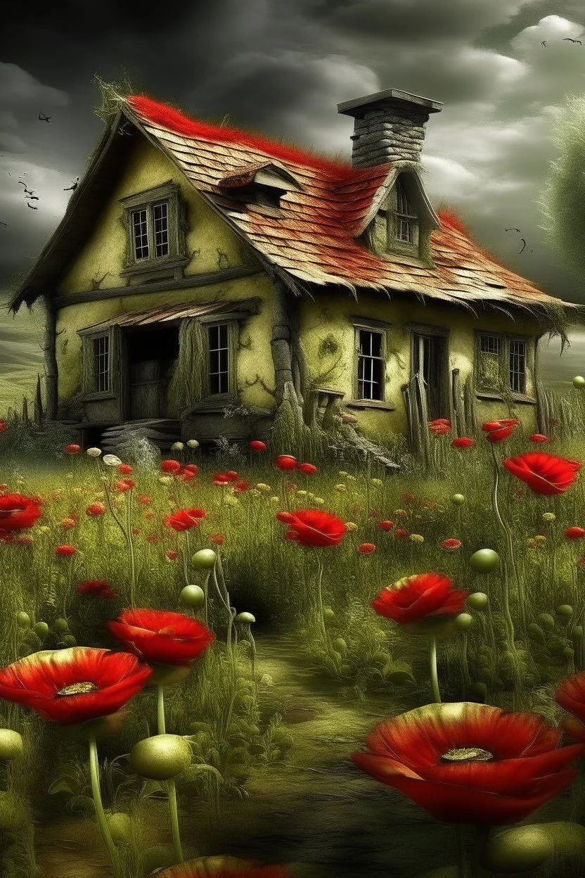 A cottage surrounded with poppies growing out of a zombie