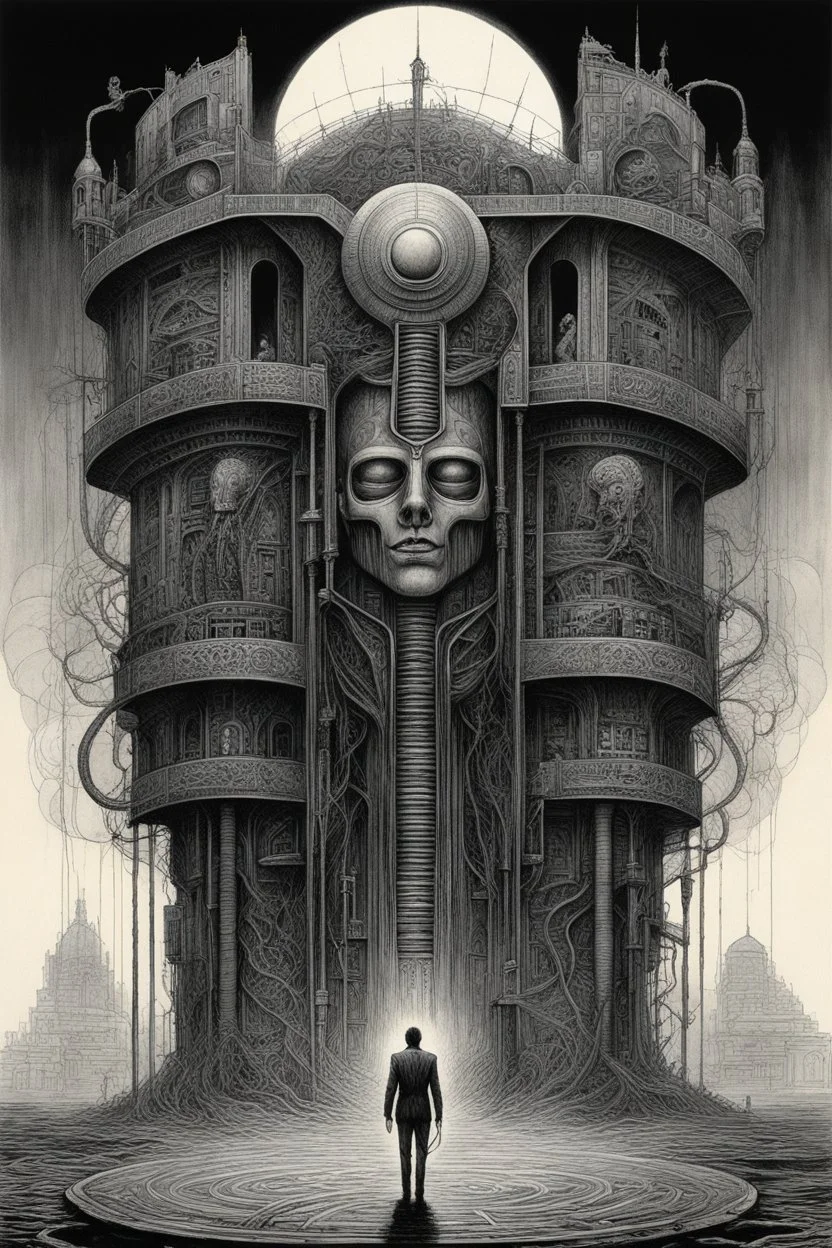 A charge building with a Indian fathers on and with computer chips and a smoke in the background dark a thin line draw ، front view camera, decayed and proportions and imagery. surreal chorror, biomechanical design, by hr giger and beksinski , fine lines draw