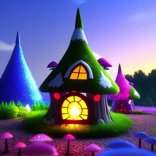 fairy house in the forest, blue and pink lights mushrooms and big flowers around campfire, decora, kawaii, house