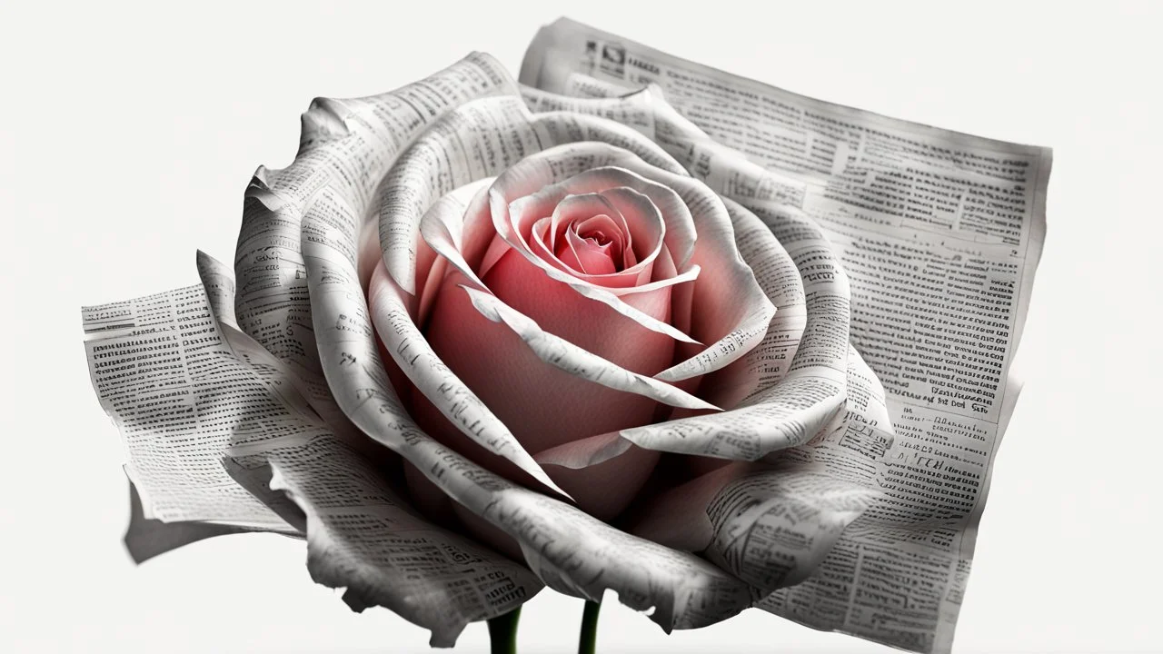 white background, newspaper rose, double exposure, clear lines, detail, fine rendering, high resolution, 64K, photorealism, precise focus,