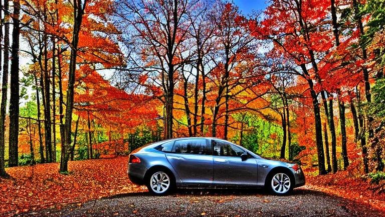 A Tesla's 'Model S Plaid' is parked, in the 'Great Smoky Mountains' National Park, in Tennessee. CINEMATIC. WIDE ANGLE LENS. PHOTO REAL.