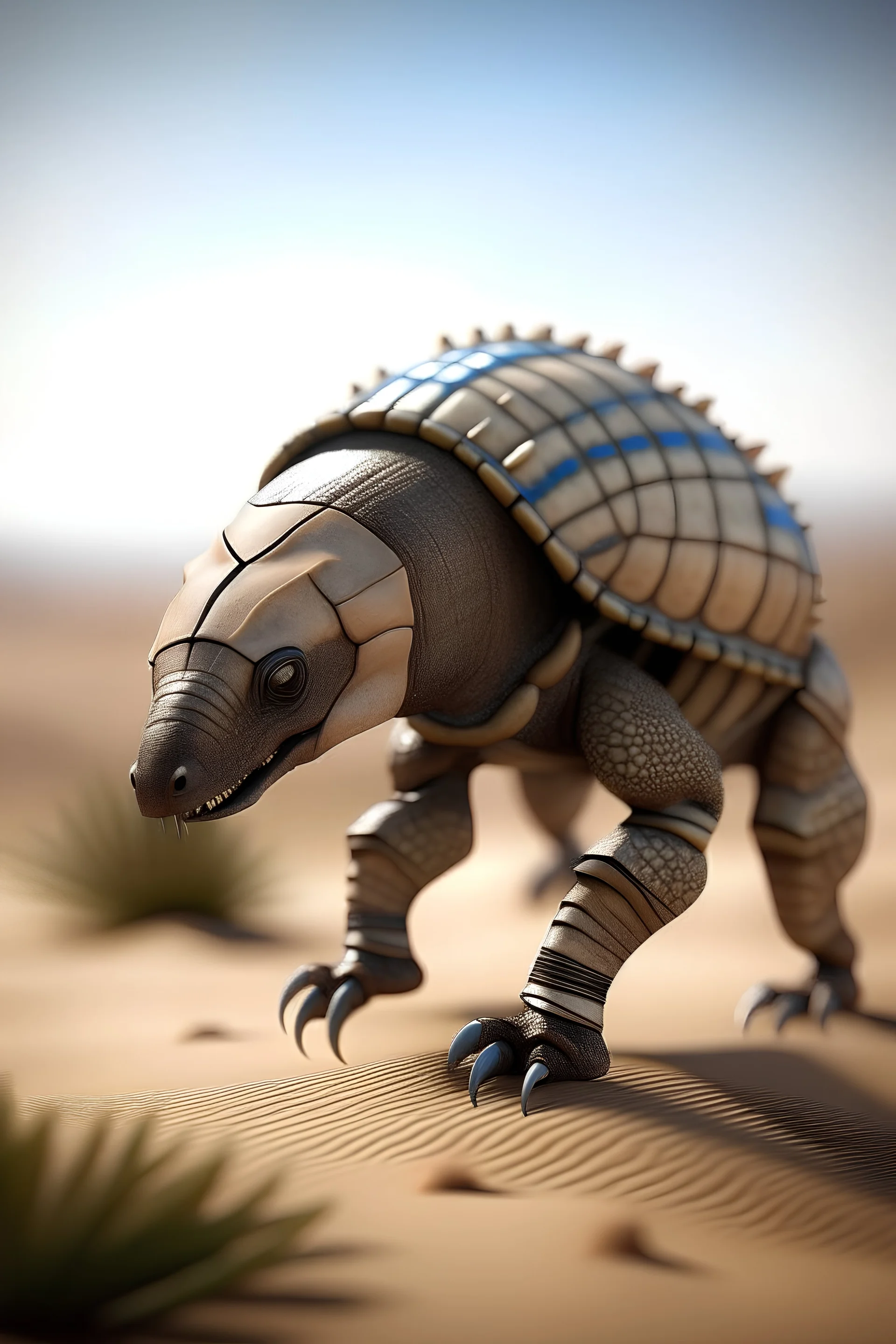 photo of an extremely cute large alien animal (ankilosaurus-like) with a armadillo-like carapace articulated at the back of the animal, short tail, dream-like atmosphere, walking across the dunes of a desert, nature, no text, blur