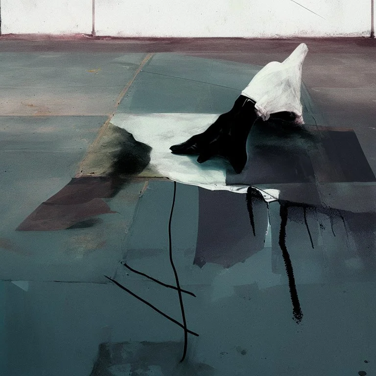 Minimal abstract oil paintings desolate 1960s carpark concrete fragments and naked bodies. style of Justin Mortimer and Francis Bacon. road markings.