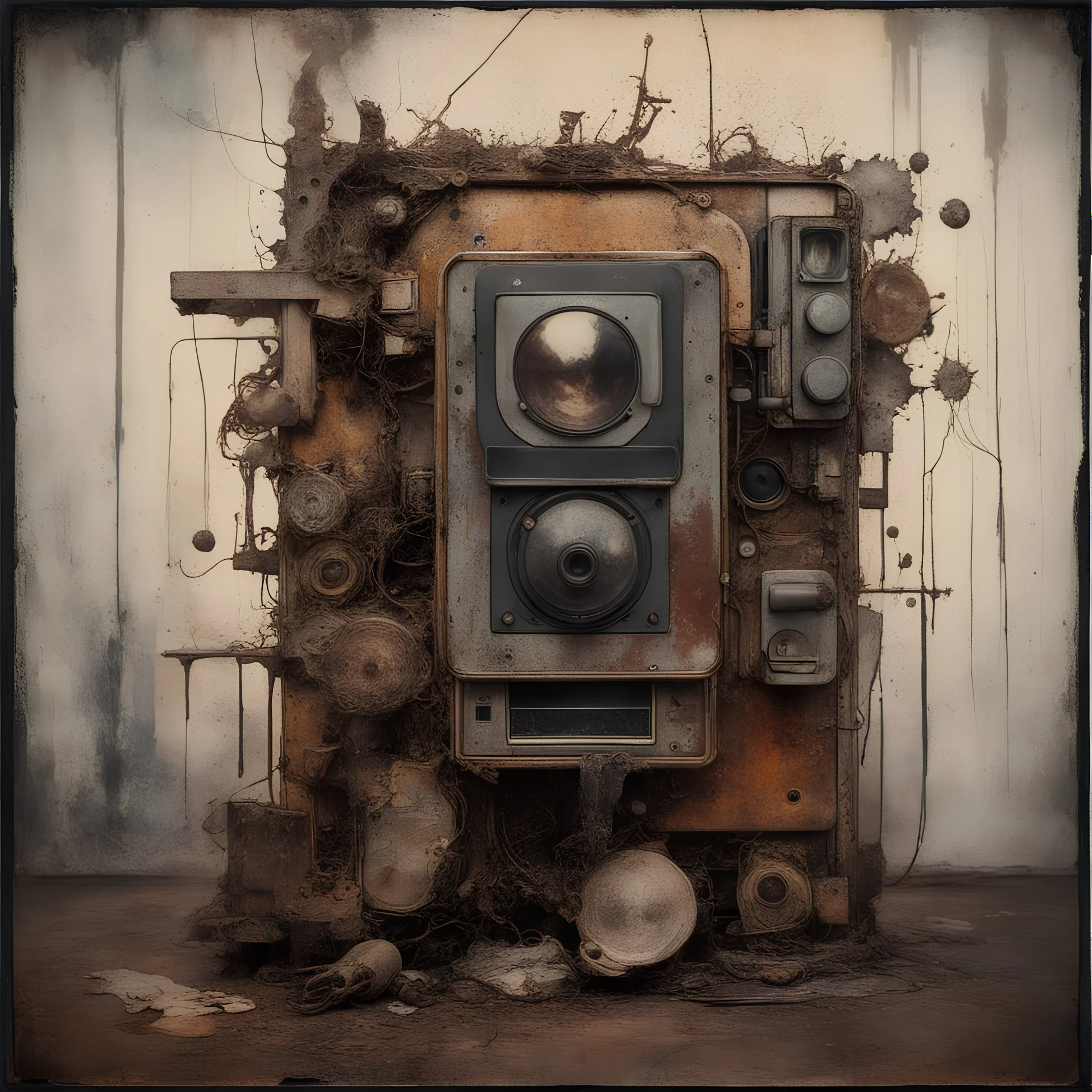 Memories by M.W. Kaluta, Bastien Lecouffe-Deharme, Vladimir Gorsky, surreal, intricately detailed, vintage Polaroid, painting, modern, abstract, Russell Mills, Hermann Nitsch, decay, caustic metal and wood, acid burn, abstract, textured, scratched, rust, found objects, Robert Rauschenberg, Severine Pineaux, Otto Dix, Arnulf Rainer, surreal hallucinatory, by Nathan Wirth, Francesca Woodman, Andy Warhol, Claude Cahun, Paolo Roversi, H. R. Giger, Arthur Tress, Adolf Hirémy-Hirschl, surreal hallucin