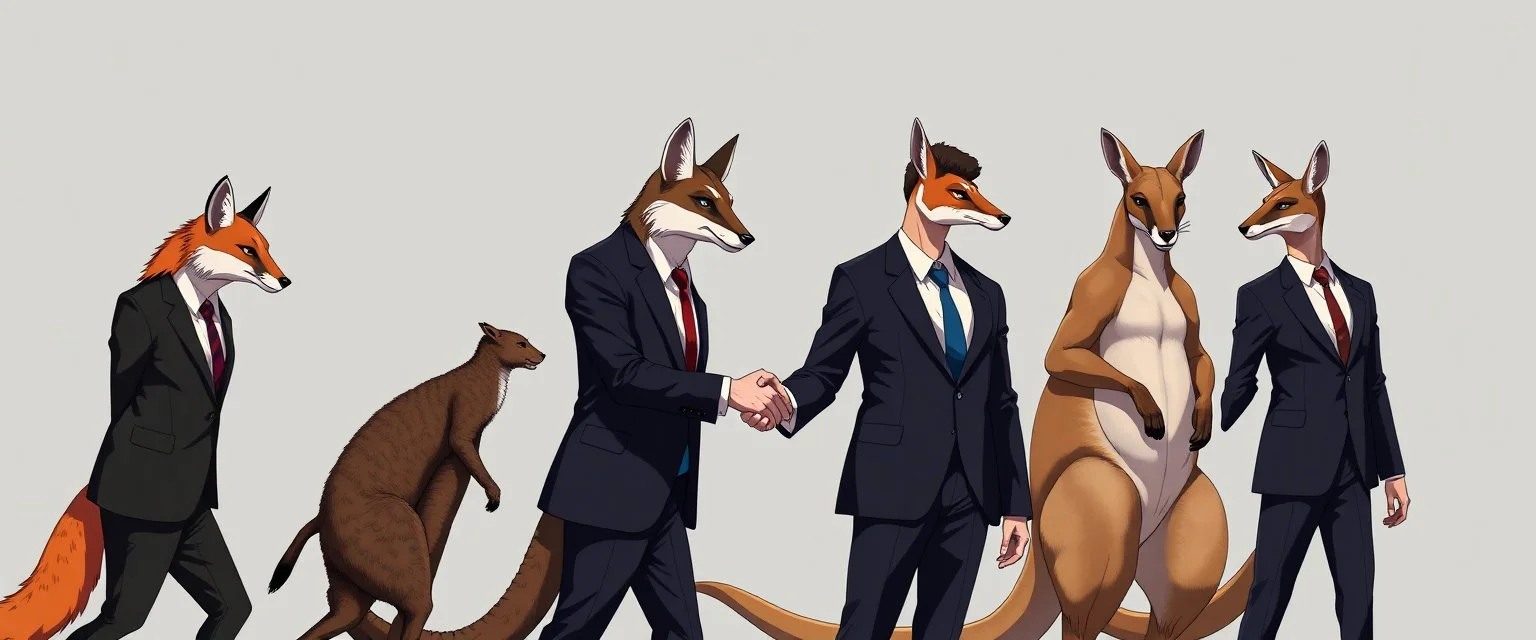 evolution from foxes to kangaroos men in suits shaking hands looking cool, anime style