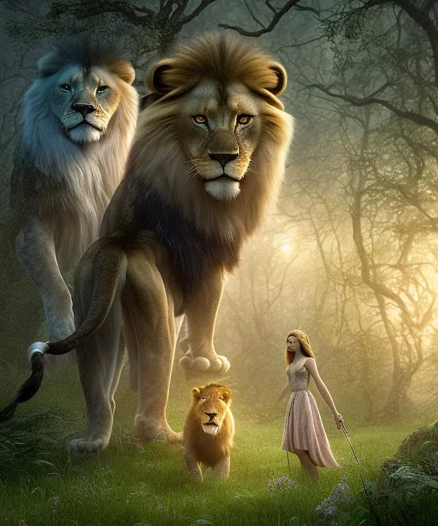 Young beautiful girl standing next to a majestic, stunning lion on nature forest path, Chronicles of Narnia, 8k resolution, high-quality, fine-detail, iridescent, intricate, digital art, detailed matte, volumetric lighting, beautiful, illustration, 3D octane render, brian froud, howard lyon, selina french, anna dittmann, annie stokes, lisa parker, greg rutowski,